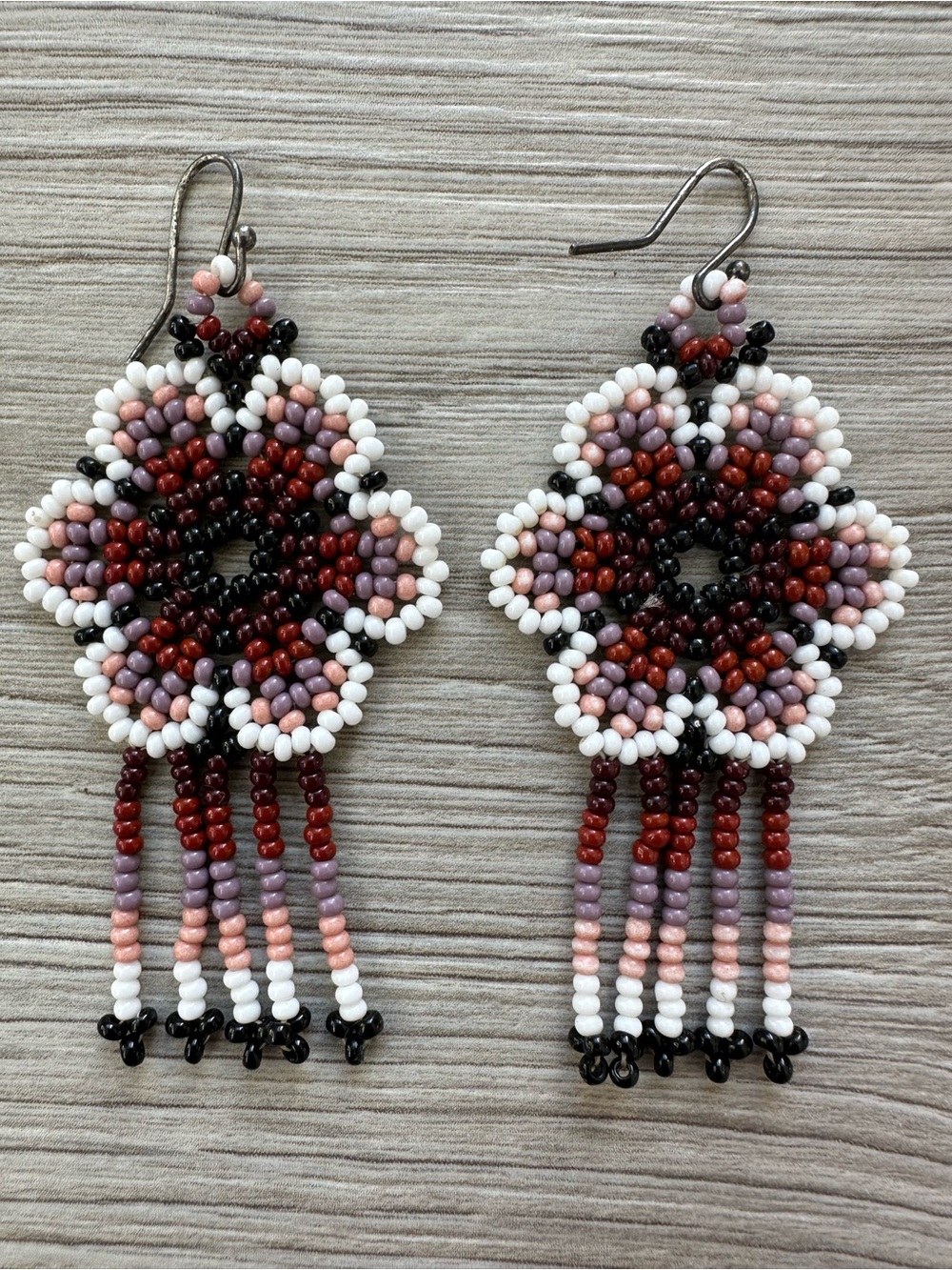 Huichol Style Hand-Beaded Flower Fringe Earrings 2.5” Pink Maroon Brown Purple